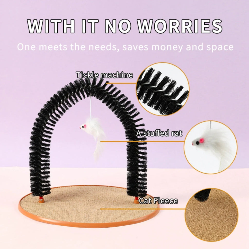 Black arch-shaped cat grooming brush with scratching surfaces and attached plush mouse toy on non-slip base