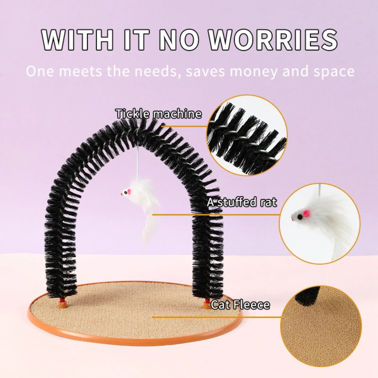 Black arch-shaped cat grooming brush with scratching surfaces and attached plush mouse toy on non-slip base