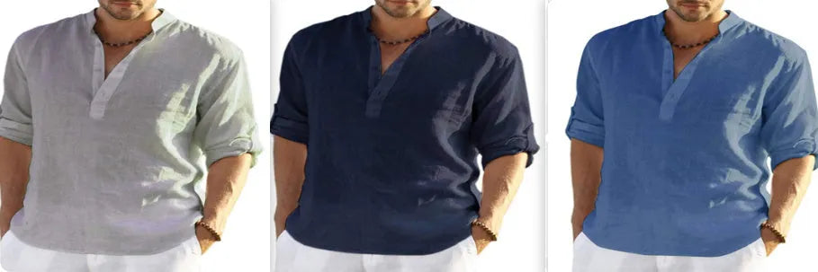 Men's solid colour cotton linen casual shirt with stand collar and long sleeves on a hanger.