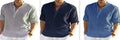 Men's solid colour cotton linen casual shirt with stand collar and long sleeves on a hanger.