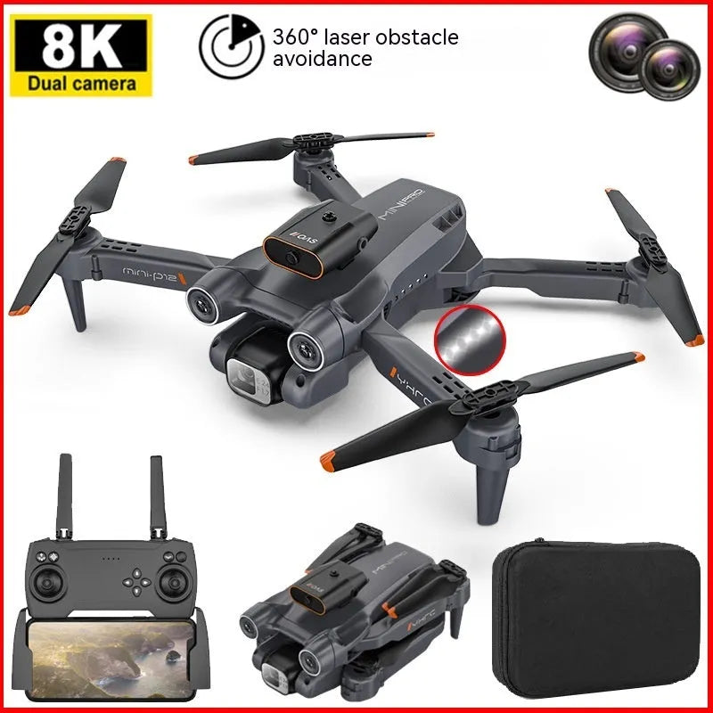 Black P12 foldable quadcopter drone with four propellers and a front-mounted HD camera on a grey surface