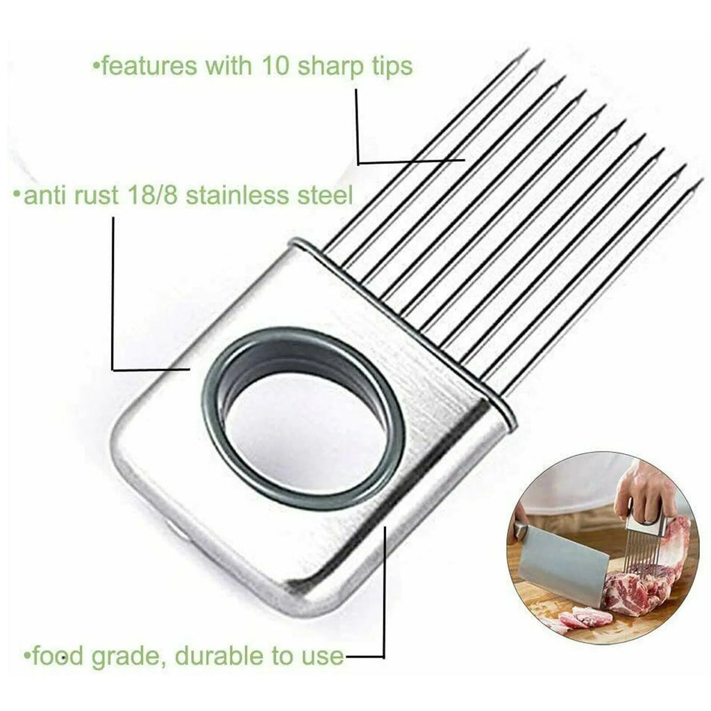 Stainless steel onion holder slicer with prongs and finger guard on a chopping board