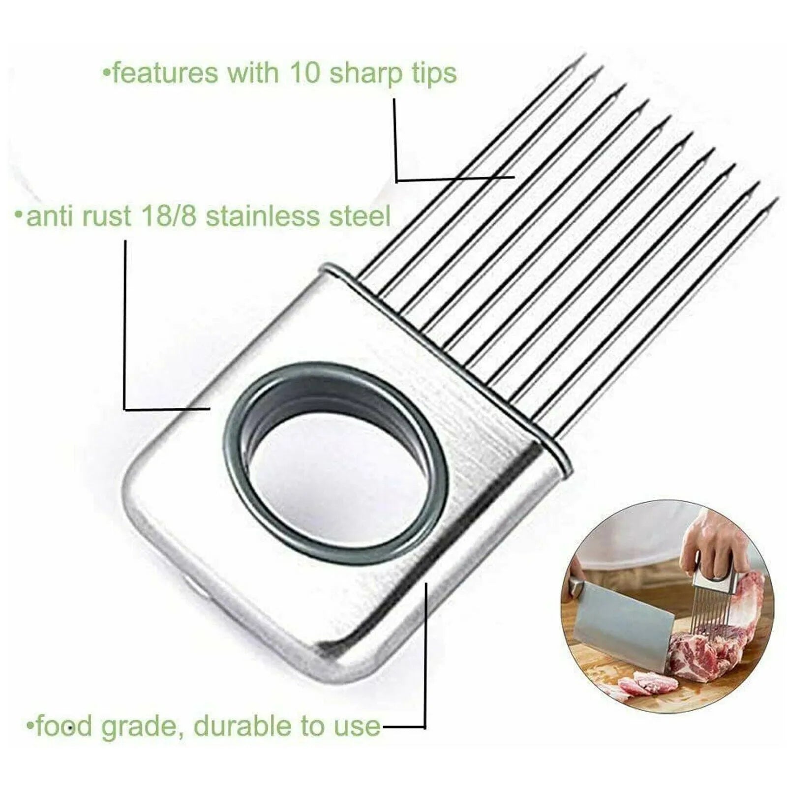 Stainless steel onion holder slicer with prongs and finger guard on a chopping board