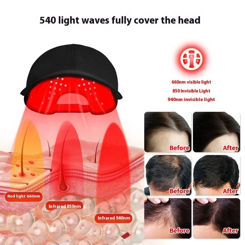 Black infrared peaked cap for hair growth treatment with 180 red LEDs and gear controller