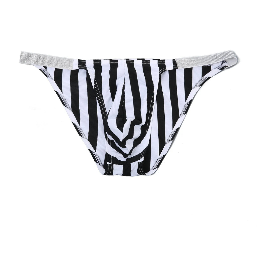Men's zebra stripe pattern briefs with low waist and U pouch design in nylon fabric