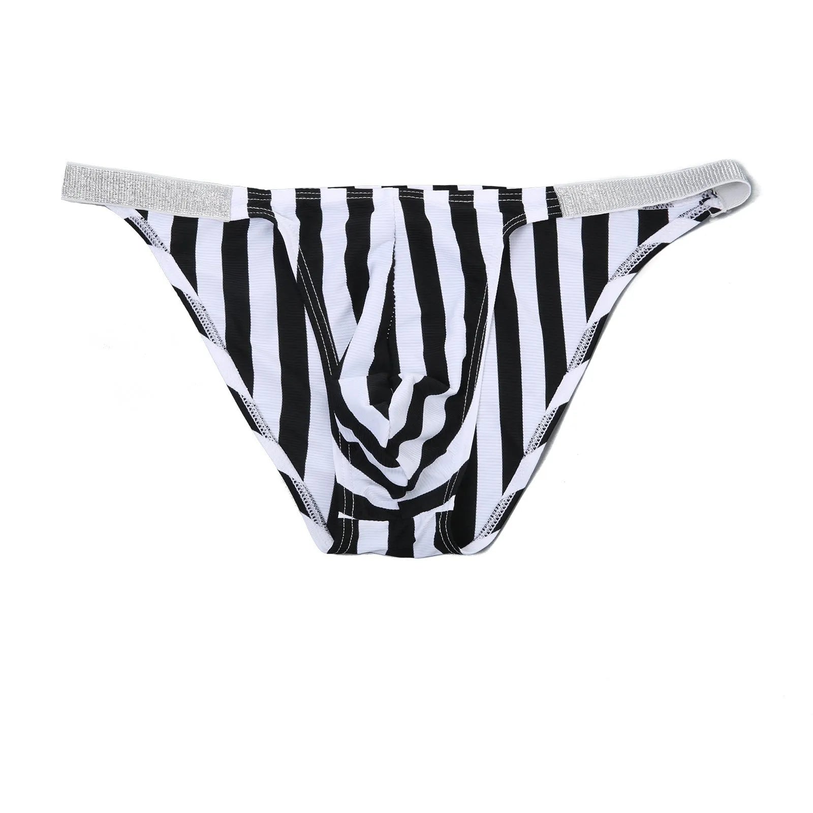 Men's zebra stripe pattern briefs with low waist and U pouch design in nylon fabric