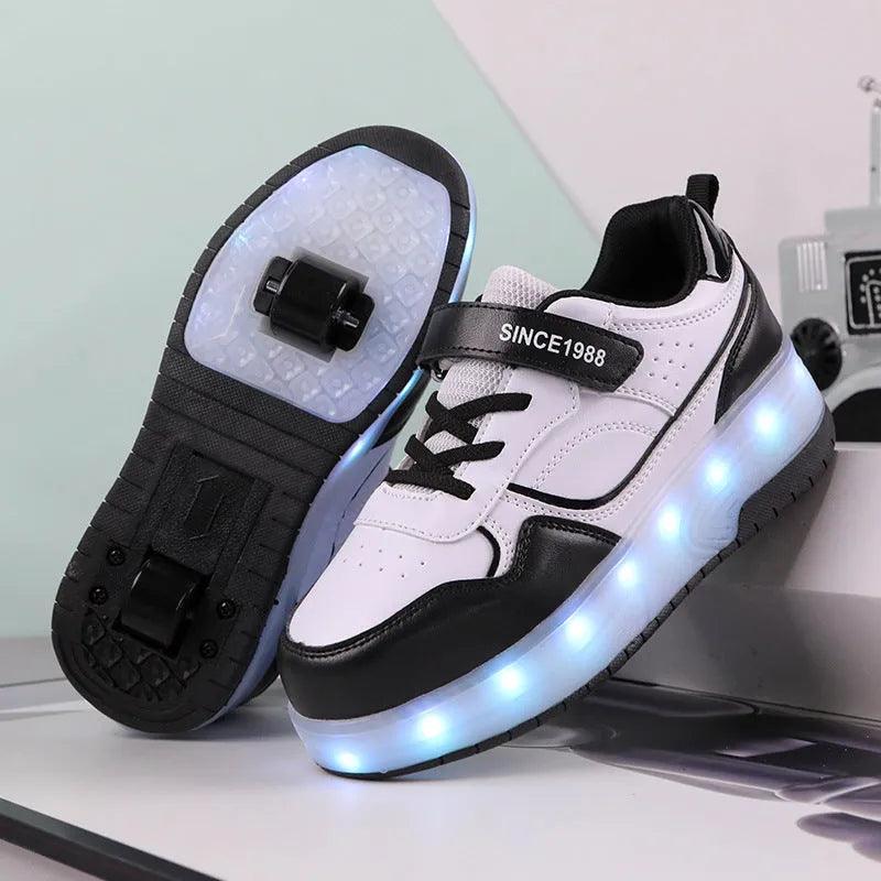 Children's charging flash rollerskates with LED lights in multiple colour options