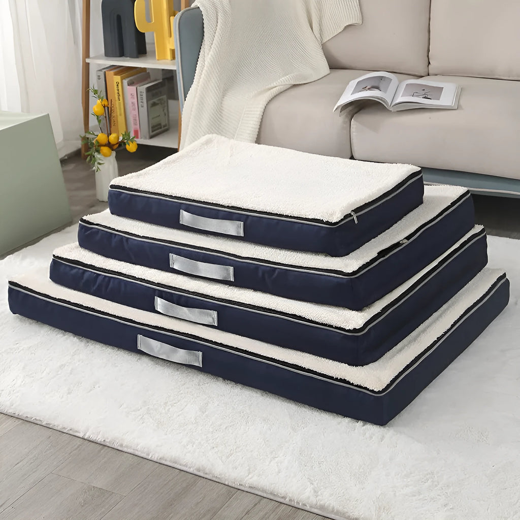 Brown memory foam dog mat with removable Shu cotton velvet cover showing 10cm thickness
