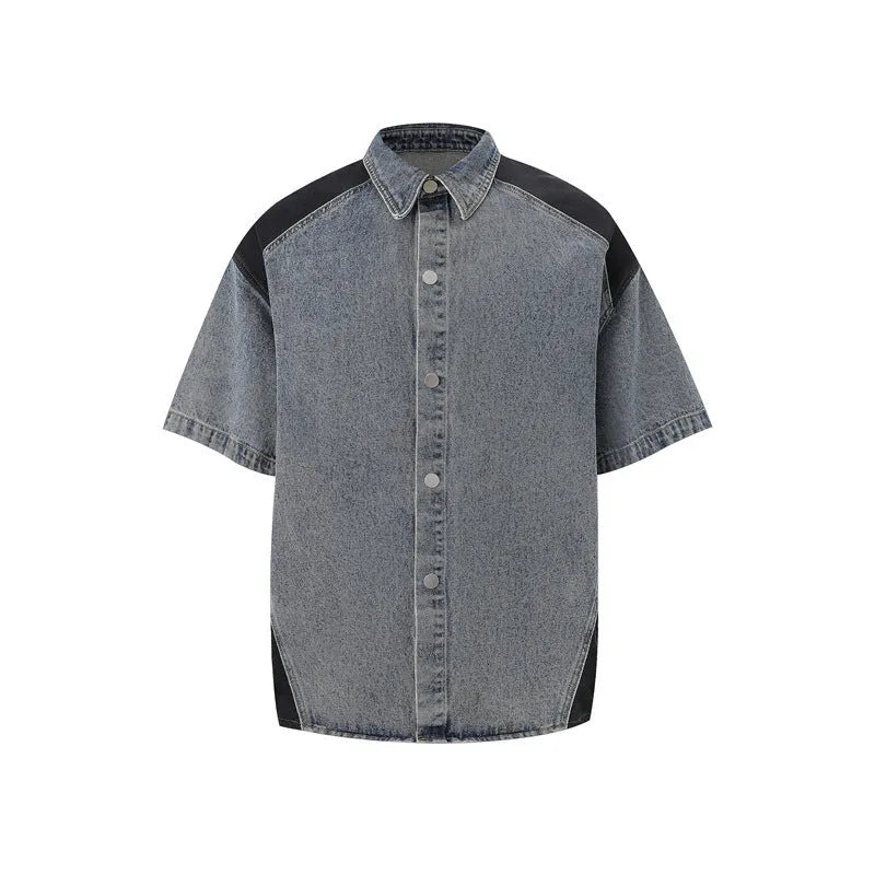 Retro washed denim suit with short sleeve jacket and matching trousers in black and blue colour options
