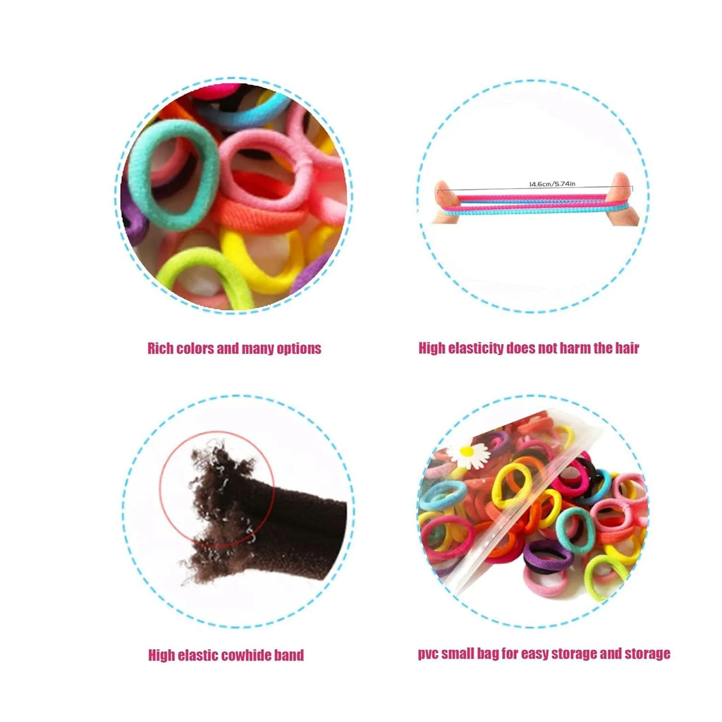 100 seamless cotton baby hair ties in multicolours showing 0.85-inch size and small jar packaging