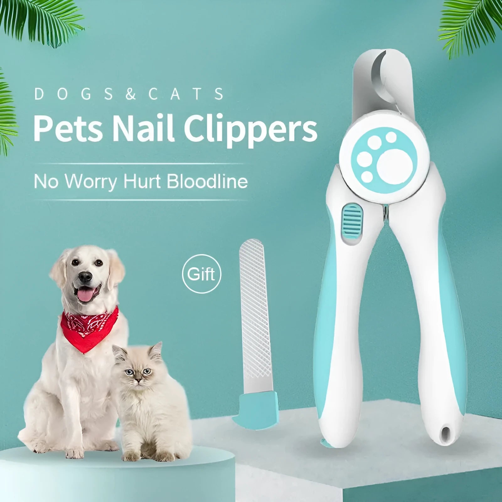 Blue and white pet nail clippers for dogs and cats with safety lock and file.