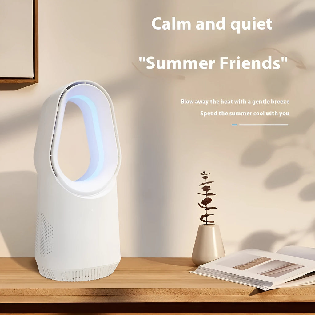 SK white bladeless tower fan with touch screen controls and remote for floor or desk placement