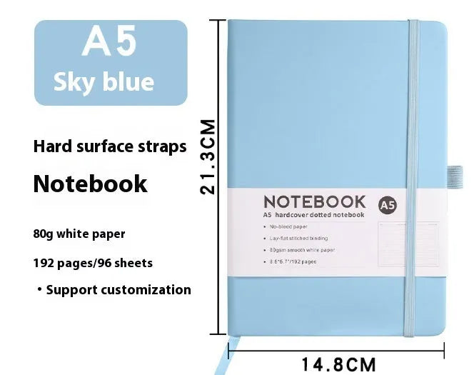 A5 soft touch PU leather notebook open on lined pages, shown in multiple colour options.