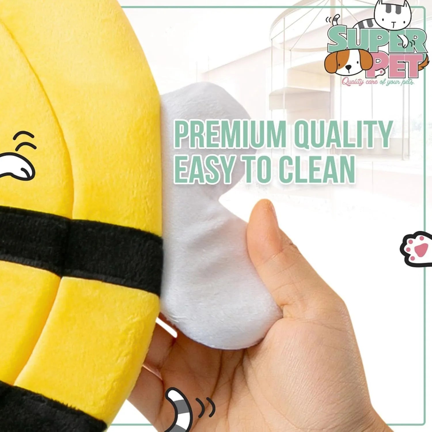 Soft cat cone collar with cute bee design shown on cat