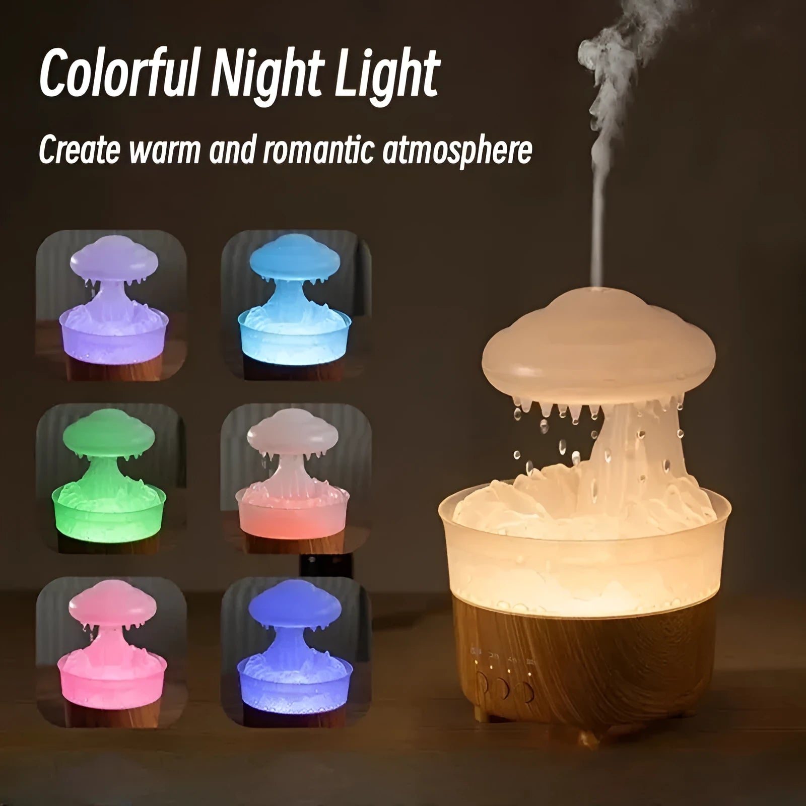 Wood grain white cloud-shaped humidifier and essential oil diffuser with coloured LED night light on a table.