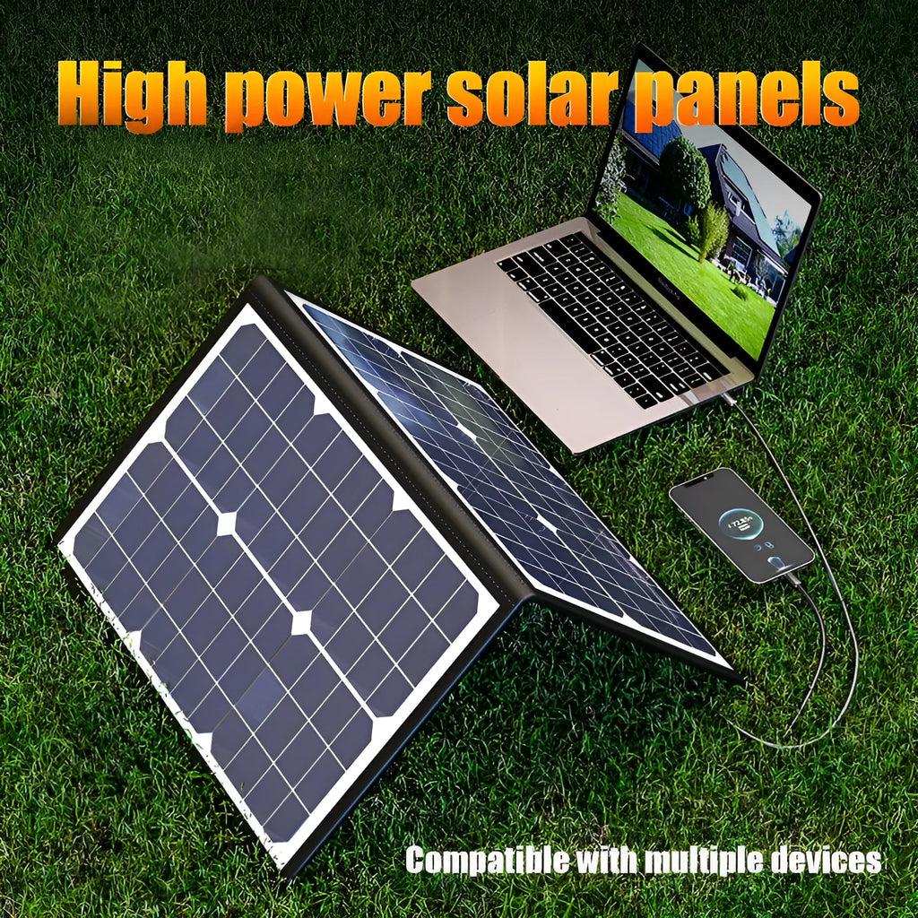 Black 40W solar folding bag charger showing folded dimensions and single crystal panel technology