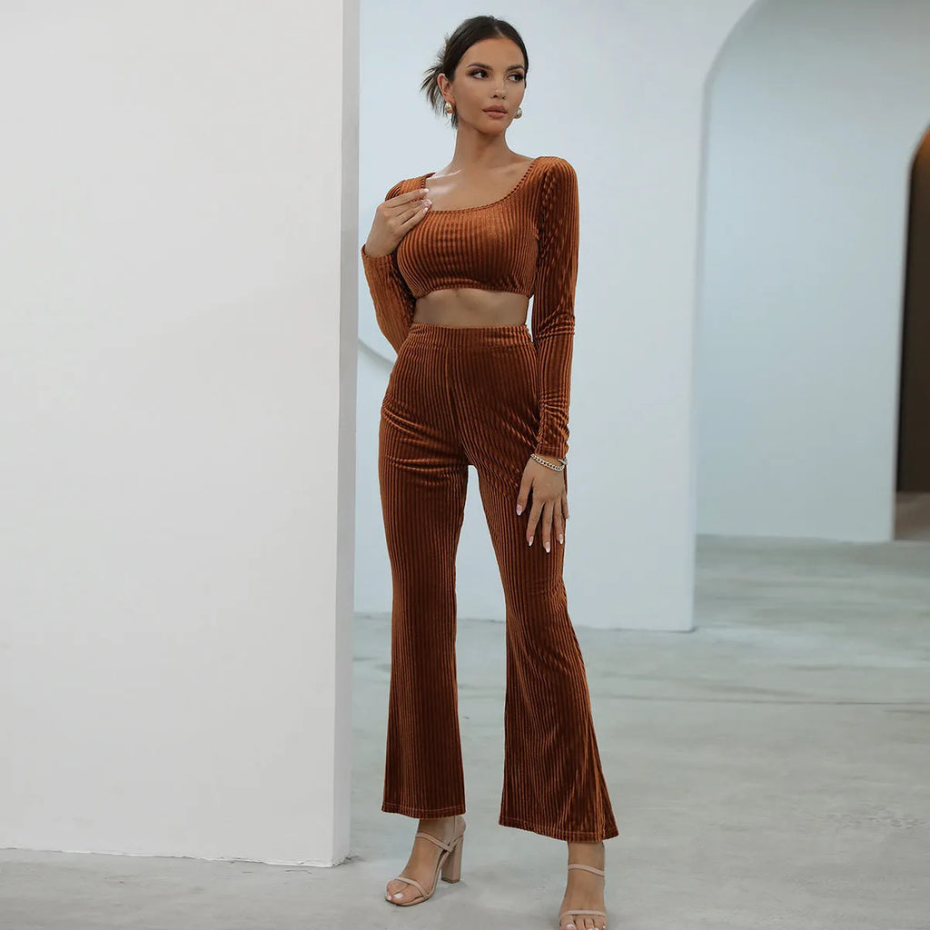 Caramel coloured long sleeve sweater set with top and pants in polyester spandex fabric