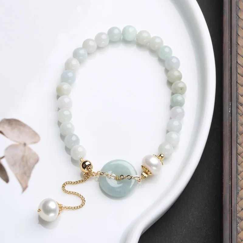 Women's jade pearl bracelet with geometric design and peace buckle closure in Chinese national style