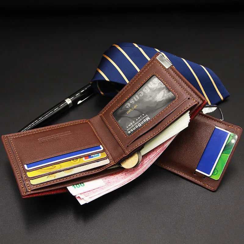 Men's black iron-edge card-picking wallet holding banknotes and cards next to a mobile phone