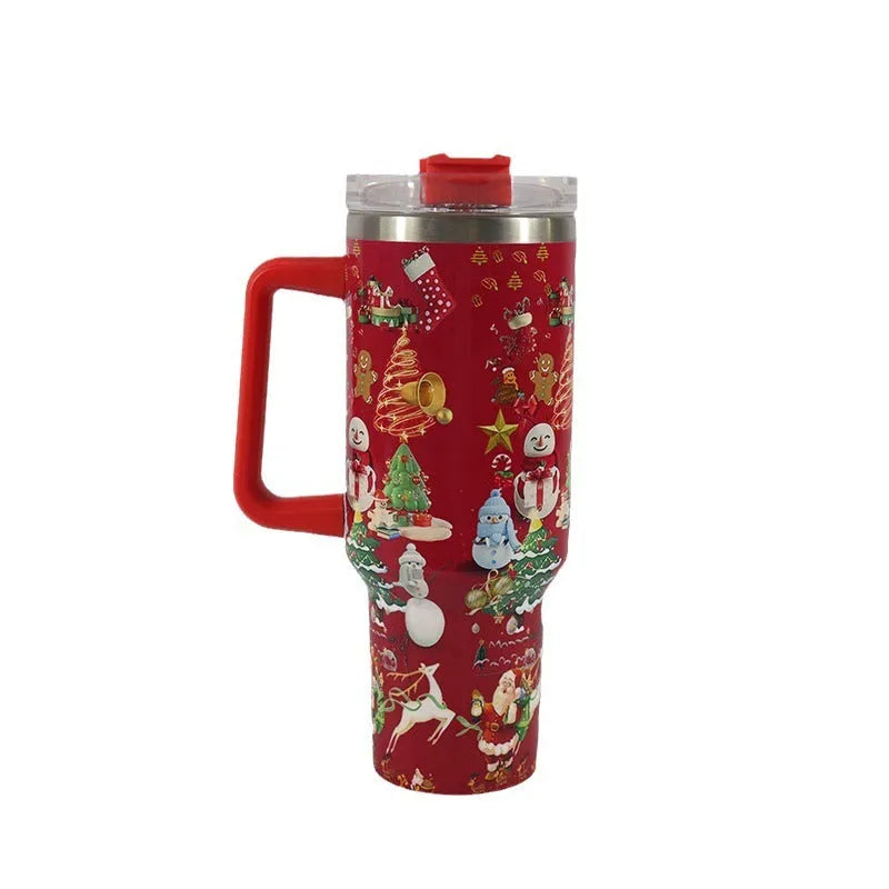 Stainless steel Christmas pattern travel tumbler with handle and straw lid, 1200ml capacity