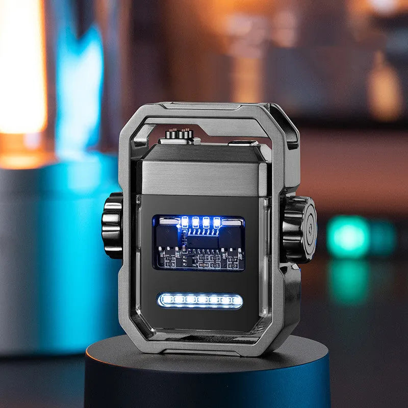Blue zinc alloy electric arc lighter with glowing double plasma arc and a visible mechanical gyroscope, shown in folded and open positions.