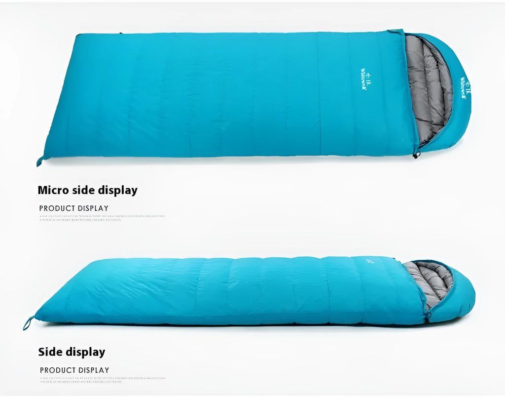 Black outdoor sleeping bag with envelope structure, filled with white goose down.