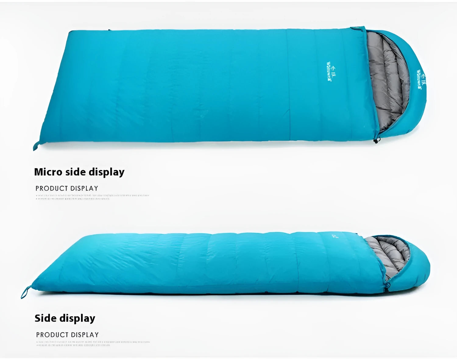 Black outdoor sleeping bag with envelope structure, filled with white goose down.