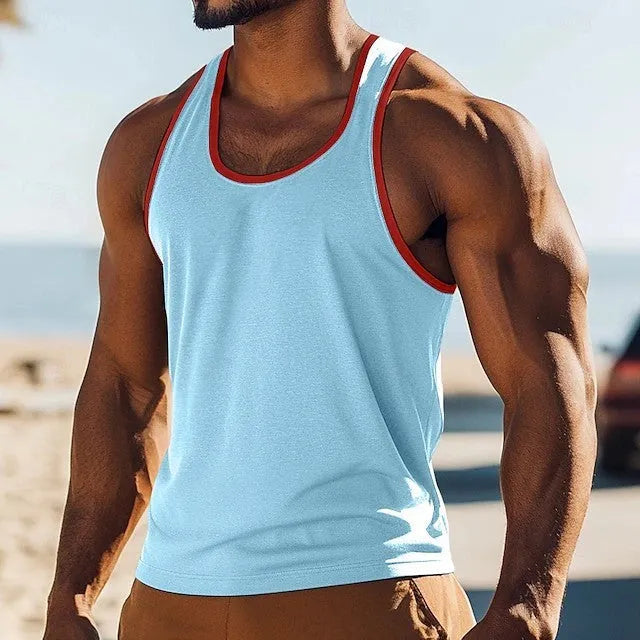 Solid colour polyester slim fit men's summer vest in a range of colours including black, white, red, green, blue, grey, and light blue