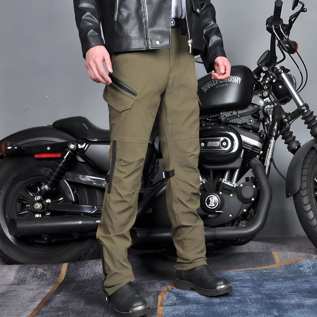 Men's solid colour waterproof windproof motorcycle cycling pants with belt and protective knee pads