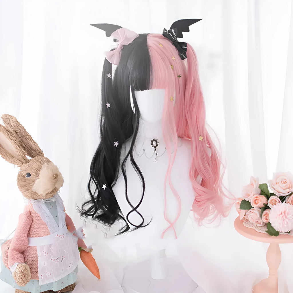 Harajuku Lolita wig with long black and pink curly hair and fringe bangs for cosplay