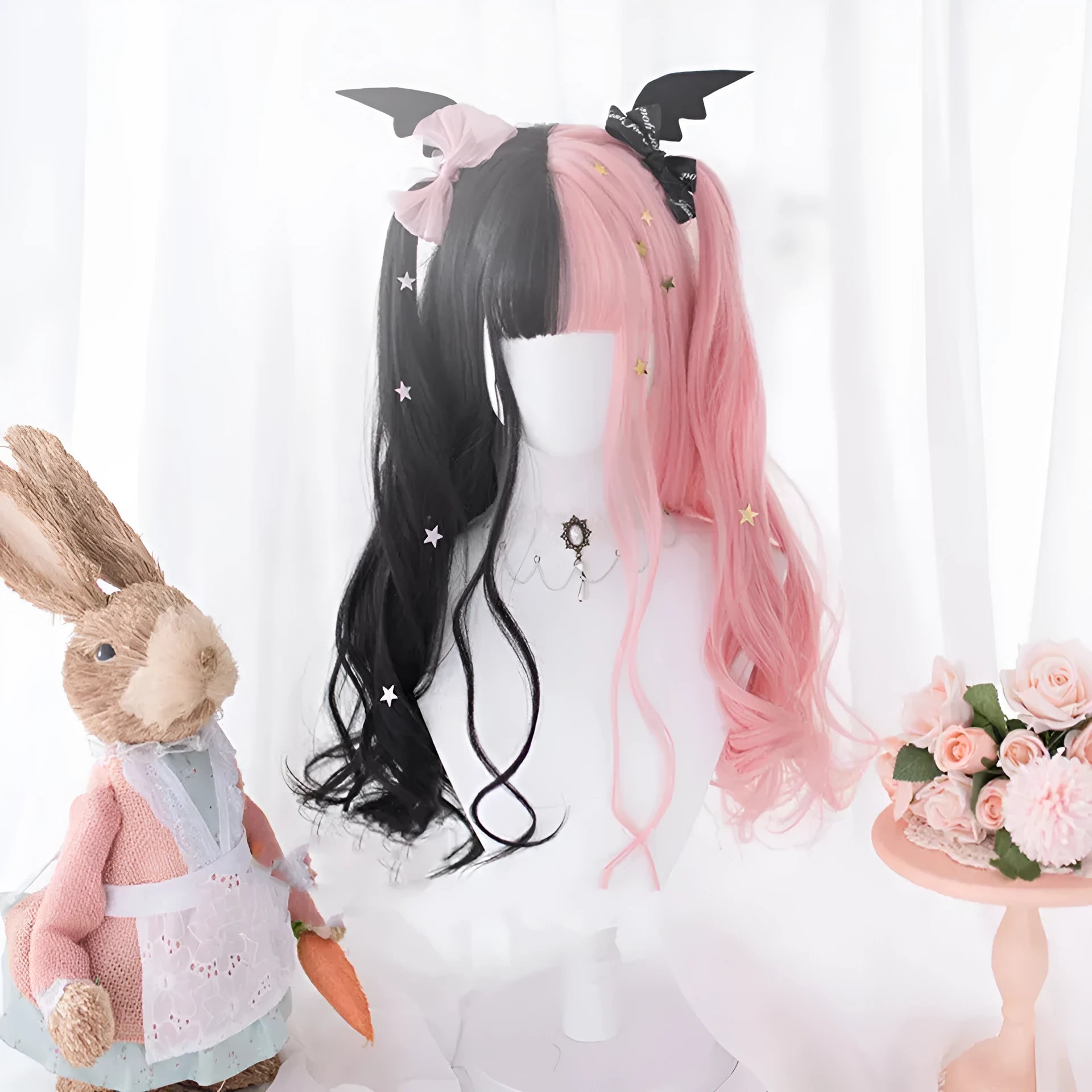 Harajuku Lolita wig with long black and pink curly hair and fringe bangs for cosplay