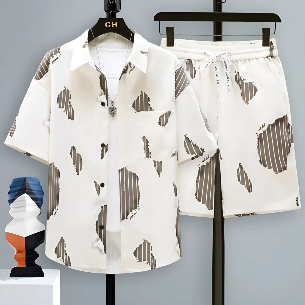 Men's casual sports two-piece set showing short sleeve top and matching shorts