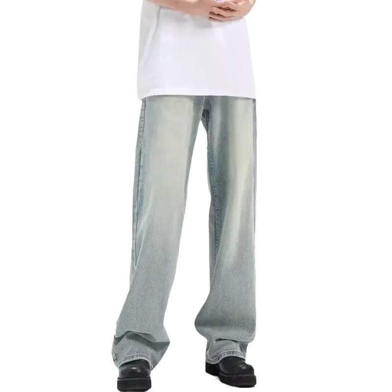 Blue loose-fit retro casual trousers made from rabbit fur, shown in a relaxed pose.