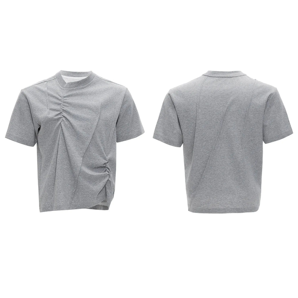 Men's loose fit grey cotton t-shirt with a textured pleated design and round neck.