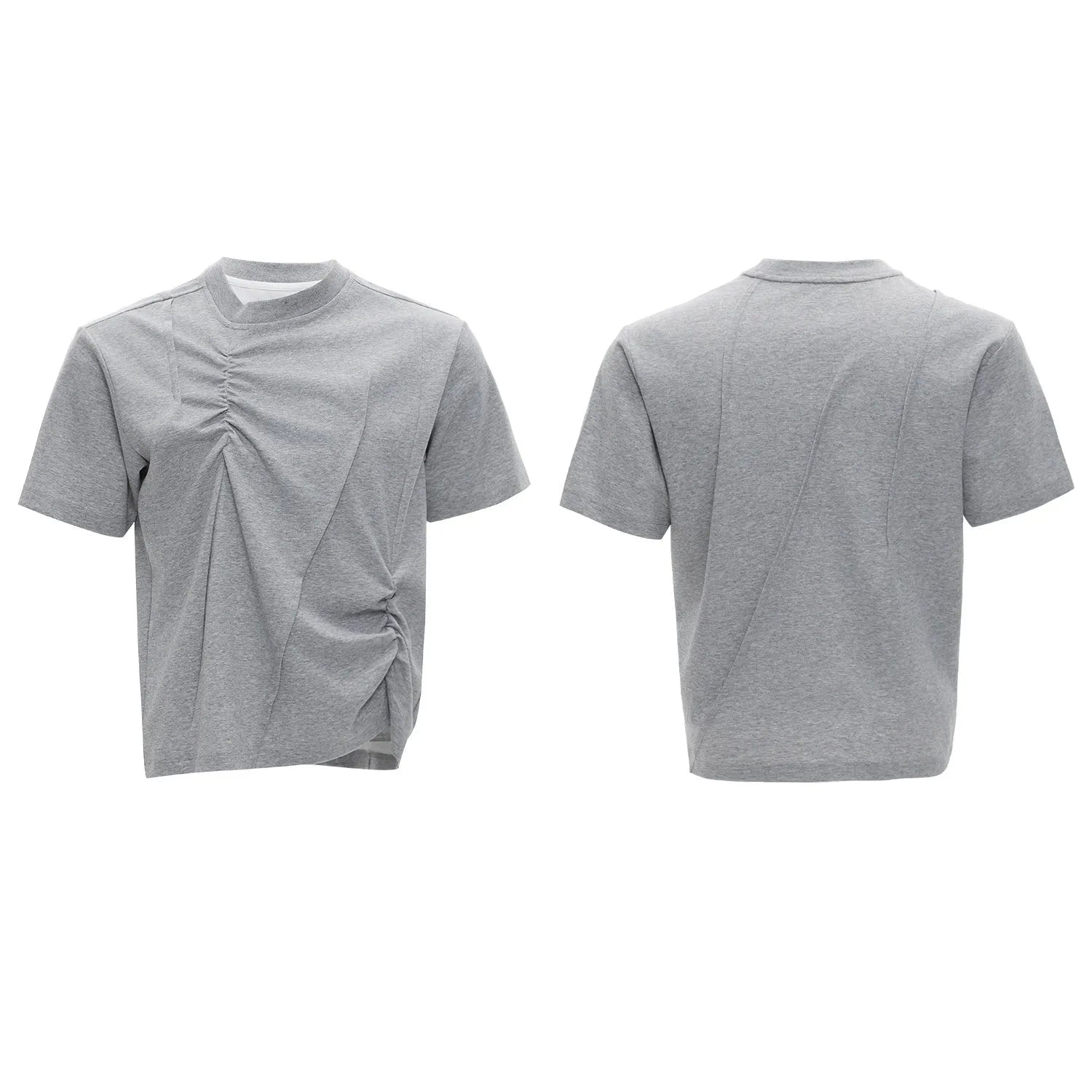 Men's loose fit grey cotton t-shirt with a textured pleated design and round neck.
