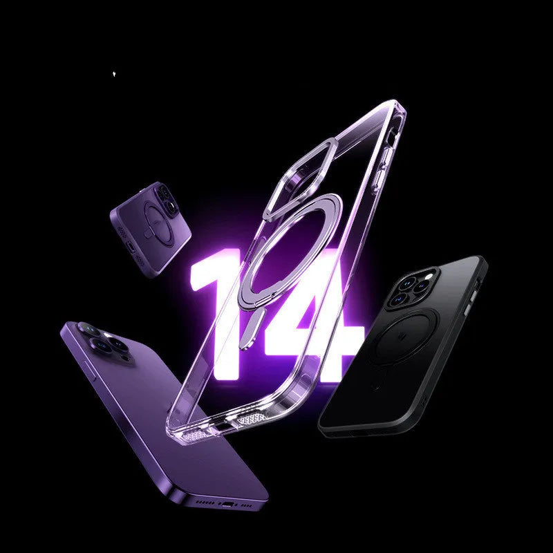 Transparent iPhone case with a built-in fulcrum kickstand and magnetic back, shown in black, grey, purple, and clear colours.