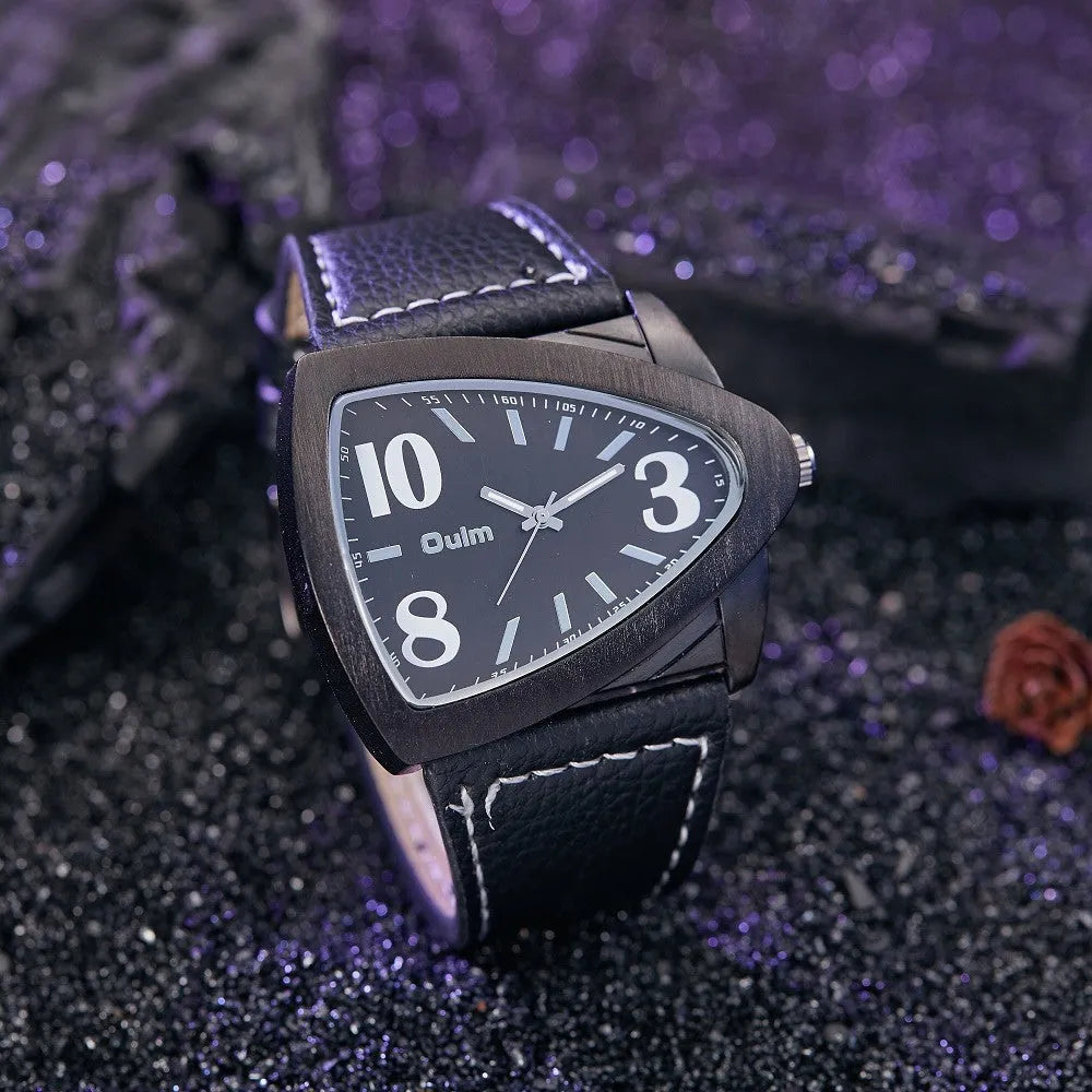 Men's casual quartz watch with triangular belt buckle in brown colour option showing 9mm slim profile