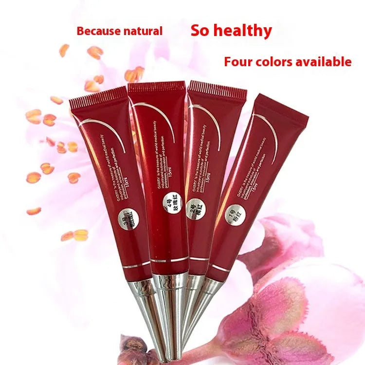 Vermilion lip gloss cosmetic product showing five colour shades in waterproof long-lasting formula