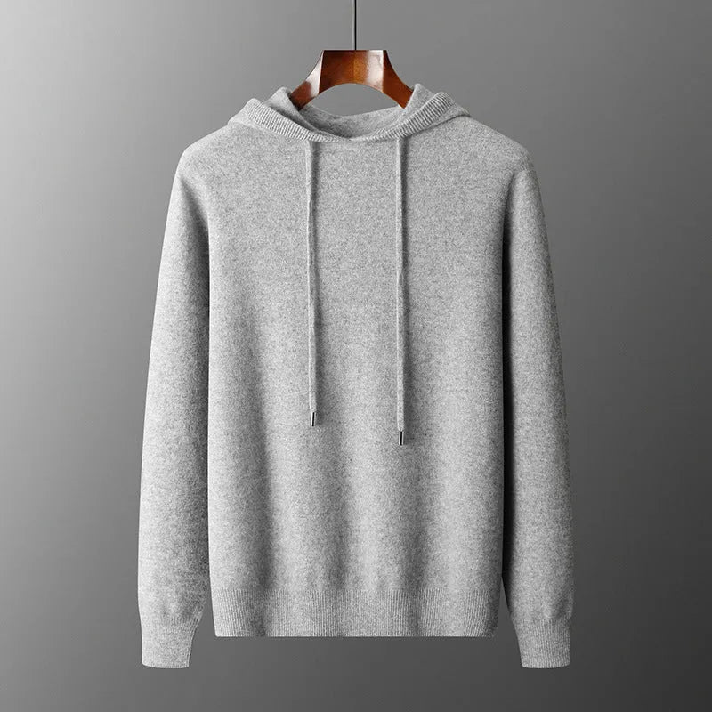 Men's light grey cashmere-blend hooded sweatshirt and matching joggers laid flat.