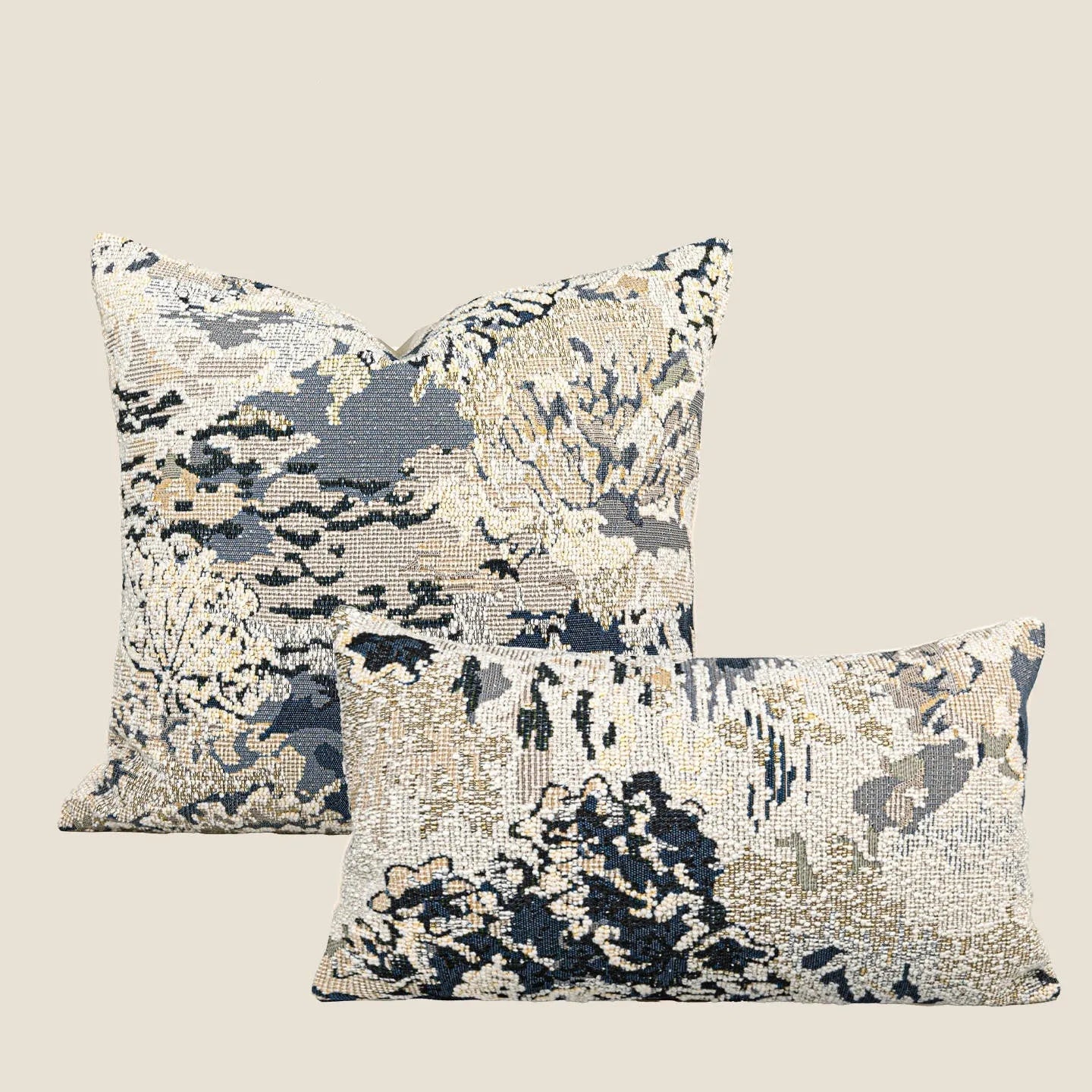 Antique blue wool blend pillow with abstract floral print, shown in square and waist pillow sizes.