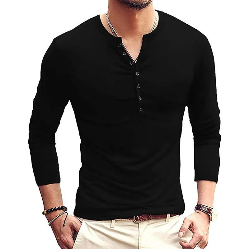A solid colour long sleeve men's henley shirt in a cotton blend fabric.