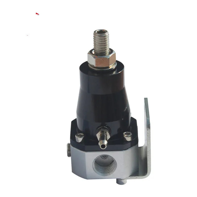 Black aluminium alloy fuel pressure regulator with adjustable pressure gauge and mounting strap