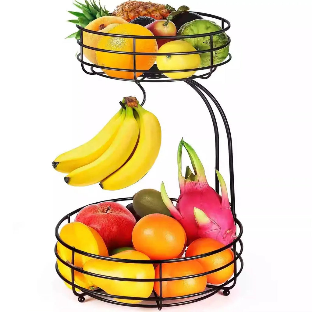 Black and gold two-tier wrought iron fruit storage basket with open metal framework.