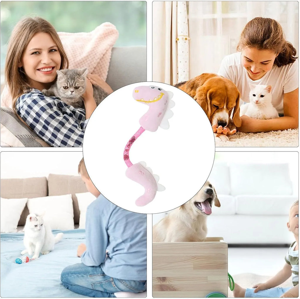 Four cat toys: chew toy, catnip rope, springs, and kicker toy in pink, purple, or yellow colours, each 23cm by 6cm.