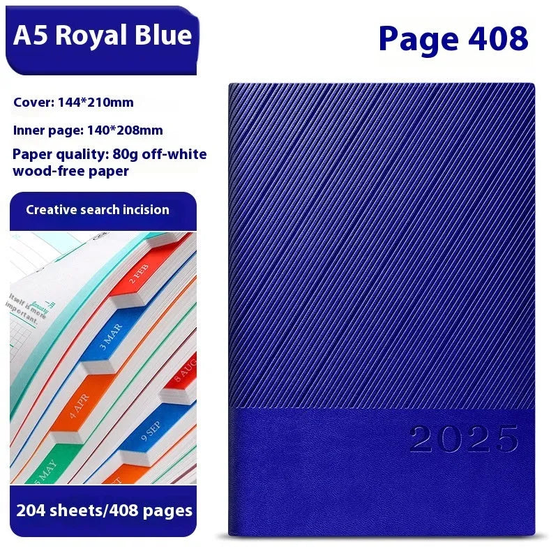 A5 striped PU leather notepad open to show 80g wood-free paper with 408 pages