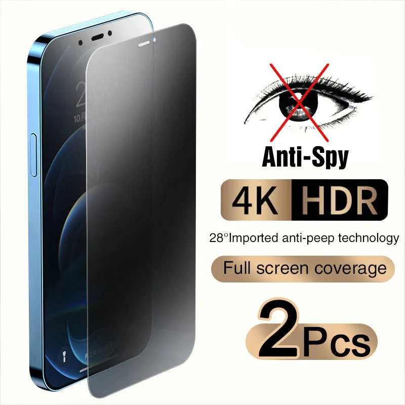 Anti-peeping tempered glass screen protector for iPhone showing privacy angle and full screen coverage.