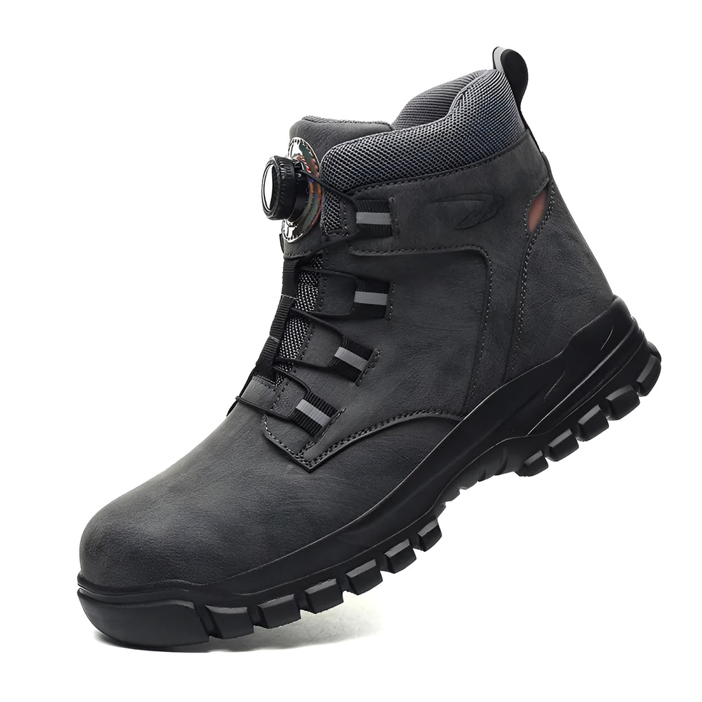 Men's black leather safety work shoes with a rubber sole, shown on a white background.