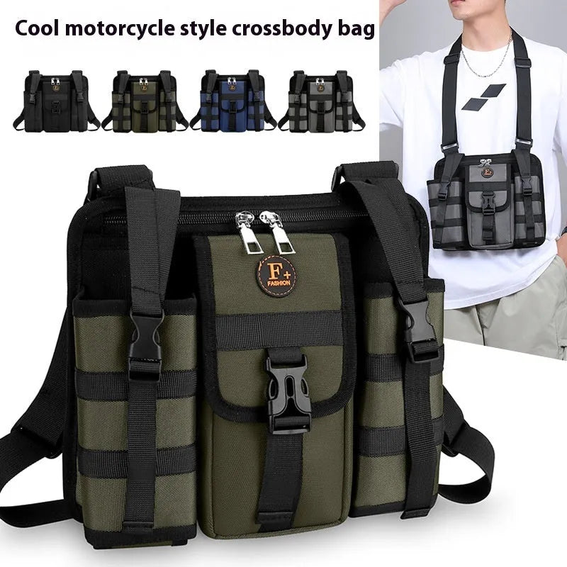 Oxford cloth leisure shoulder messenger bag in black showing dimensions and outdoor features
