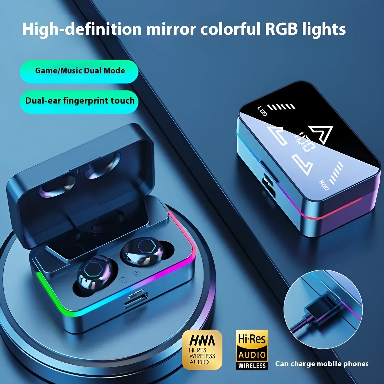 M49PRO in-ear Bluetooth headset in black with mirror digital display and breathing light