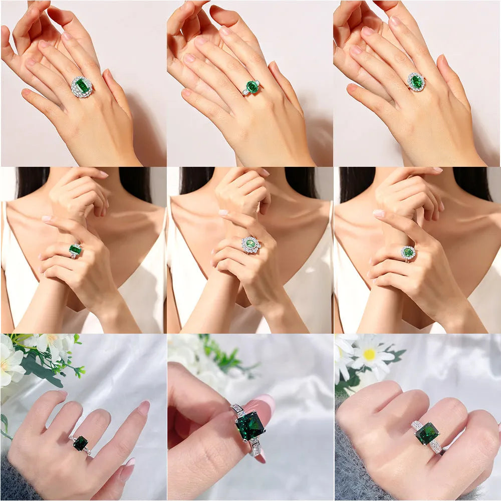 Women's S925 sterling silver geometric ring with oval Palaba emerald and high-carbon diamond accents